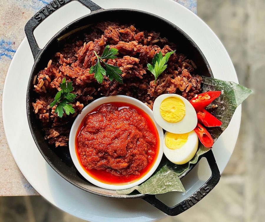 Waakye, rice and beans served with tomato stew. 